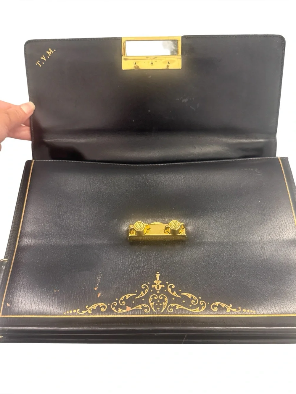Vintage Scuola del Cuoio 950s Purse Blue Gold Embossed Italy Hand Crafted